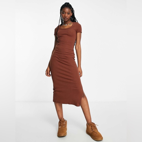 Cotton On Dresses & Skirts - Cotton On Ribbed Midi Bodycon Dress Brown Short Sleeve Size Large